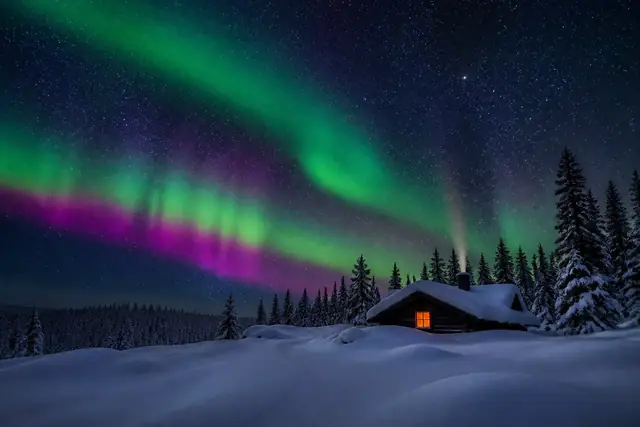A small log cabin with one warm window sits in deep snow beneath ribbons of green and magenta aurora.