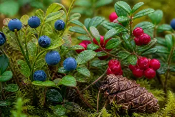 Dark blue bilberries and red lingonberries with dew drops on their low shrubs.