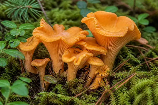 A clump of golden chanterelles in bright green moss and spruce needles on the forest floor.